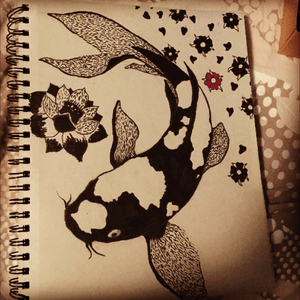 Pen and ink black and white koi fish