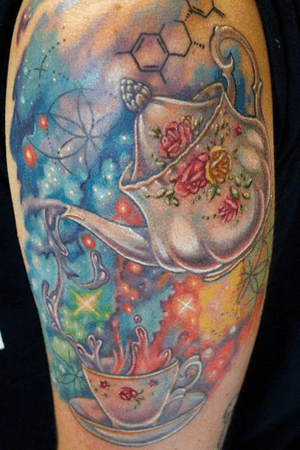 Custom #trippy #tea #galaxy #teapot #chemicalcompounds #sacredgeometry #teatime tattoo by Sean Ambrose at Arrows and Embers Custom Tattoo. Thanks for looking! #tattoooftheday 