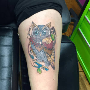 Owl tattoo i did the other day #owl #owltattoo #colortattoo #axystattoomachine #inksanity_ink #heliostattoo #happygurubutter @axysrotary @heliostattoo @inksanity_ink @happygurubutter