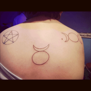 As a pagan i really wanted the fundamental symbols on me somewhere, the pentagram is my forst one and i took this the evening after i got the other 2.The pentagram represents the 5 elements that make life.The middle one represents masculinity and the Horned King.The right hand one represents feminity, the cycle of the moons and the goddess in her 3 forms. 