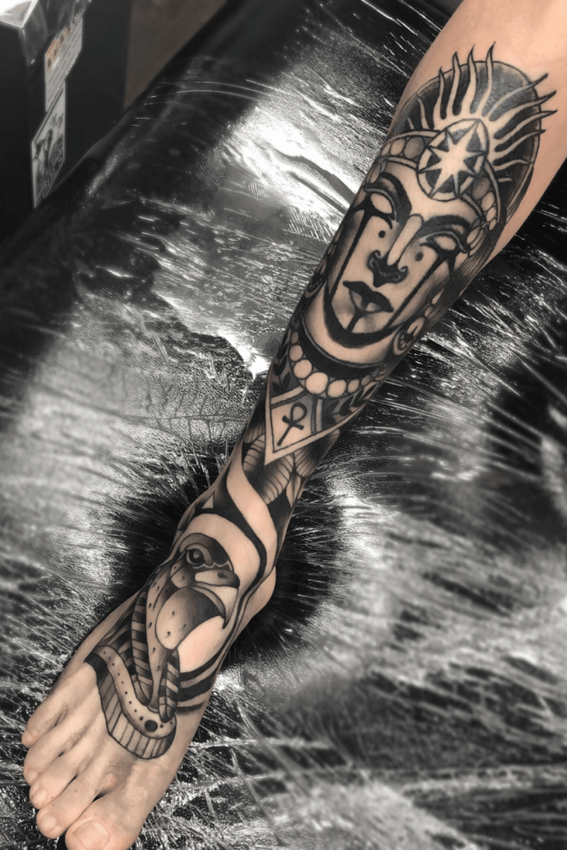 Tattoo uploaded by Dave Cook • Egyptian inspired lower leg sleeve i have  been working on #egyptian #neotraditional • Tattoodo