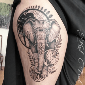 #KelTait #keltaittattoo @kel.tait.tattoo awesome #blackandgrey #tattoo of an #elephant with #foliage #dots #circles and #patterns 