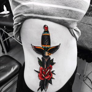 Eagle Dagger 💀#eagle #daggertattoo #TattooGirl #tattoonumberthree #rose #colour #ribtattoo 