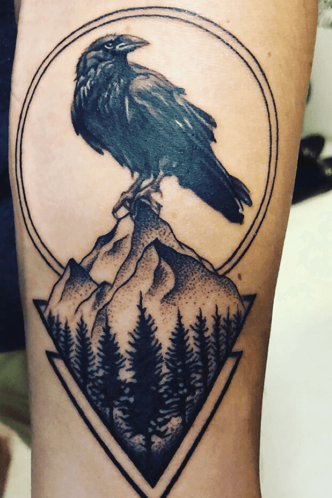 Raven Sit on Tree Tattoo On Arm Sleeve