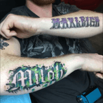Son( Miloh), Daughter(Marleigh) #color #drip #names #green #blackwork #letters #forearm #guyswithink #indianapolis #indy #delta9