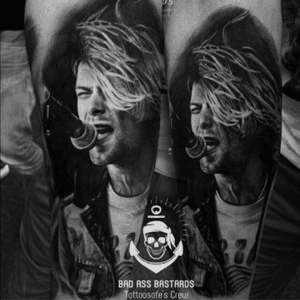 #tattoo of lead singer #KurtCobain from #Nirvana - #tattoo by #artist #DennisBlume @dennisblume_tattooist 