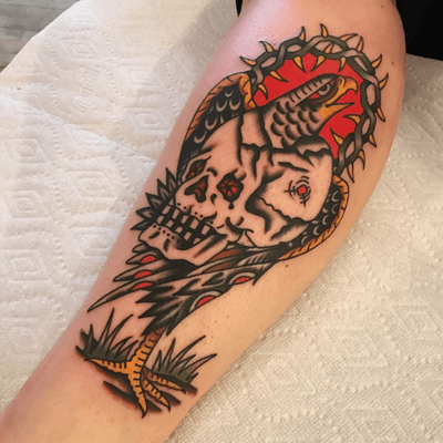 traditional tattoo by Chris Fernandez #chrisfernandez #traditional #eagle #skull #thorns