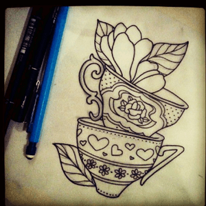 Teacup tattoo inspiration. Three stacked teacups, surrounded by flowers of some sort, with my bunny Lola in the top cup. Full colour, right outer thigh. #megandreamtattoo 