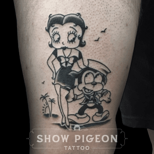 Custom Betty and Bimbo for Patrick, in honor of his grandparents. #bettyboop #traditional #blackwork #showpigeontattoo #evieyapelli 