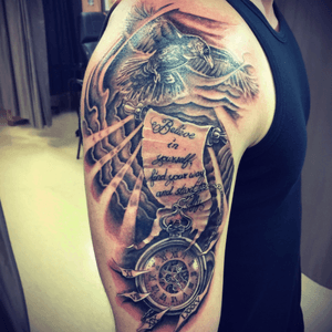 Tattoo by Floyd Varesi #floydvaresi #varrystattoo #clock #raven #customtattoo #lettering #tattoo #inkartist #ink #darkskull #swiss #sissach #tattoooftheday #tattoodo #skinartmag #tattooart #surrealismart #swisstattooartist #tattooneeds #cheyennetattooequipment #inkbooster #alphatattooink #blackandgrey #darkartists #tattooartist 