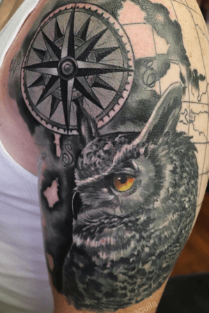 Owl with compass tattoo on arm . #tattooartist #tattoos #skinartmag #realistic #sandiegotattoo#inked #tatuaje