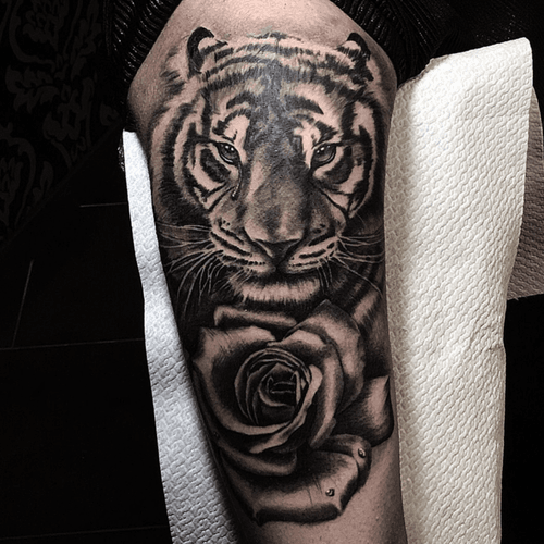 Instagram: @Raul.colomatattoo  done in Rome/Italy #tigre #tiger #rose #rosa #ink #tattoo #tatuaje 