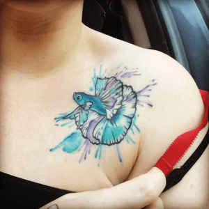 Watercolor betta fish tattoo by Angelina Sweeney DeMarcus at 18th street tattoo in Eugene, OR #bettafish #fish #watercolor #coolcolors 
