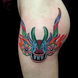 Custom Bolivian mask tattoo. Would love to do more like this! Email me at burke.brigid@gmail.com #masktattoo #colortattoo #neotrad #neotraditional #color #colorful #bright #brightcolor #customtattoo #brooklyn #brooklyntattooartist #nyc #nyctattooartist #tattoooftheday #ink #inked #hiptattoo #thightattoo 