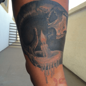 Goatskull with candle. A #schillingoriginal by Mark Schilling on the back of my right thigh. #goatskulltattoo #chanesaddiction #candletattoo #meltedwaxtattoo #photorealism #thightattoo #blackandgreytattoo 