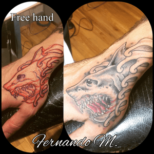 Free hand shark done by me #sharktattoo #shark #freehandtattoo #freehand #newtraditionaltattoos #waves 