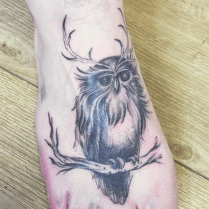 My boyrfriends finished piece by toni #Tattoos #MenWithTattoos #FootTattoo #Foot #Art #Owl #birds