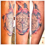 Nº221 Homunculus Circle (first session) #tattoo #ink #homunculus #circle #flamel #transutation #alchemy #triangle #geometry #energy #watercolor #watercolortattoo #symbols #nicolasflamel #mystical #bylazlodasilva