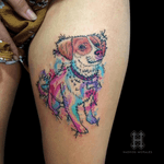 Dog tattoo #dogtattoo #dog #color #ilustration  #perro #tatuadorescolombianos #hadrissm #tattoo #inked #colombiantattooartist #tattooartist #cheyenne #criticalatom 