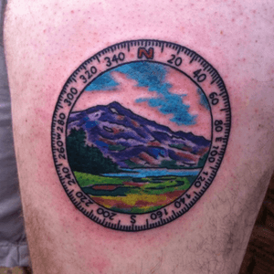 Tattoo by Matt Wolf of Blackbird Tattoo in Nashville, Tennessee.  Depicts South Sister and Green Lakes in the central Oregon Cascades from a backpacking trip i took there. #mountain #mountaintattoo 
