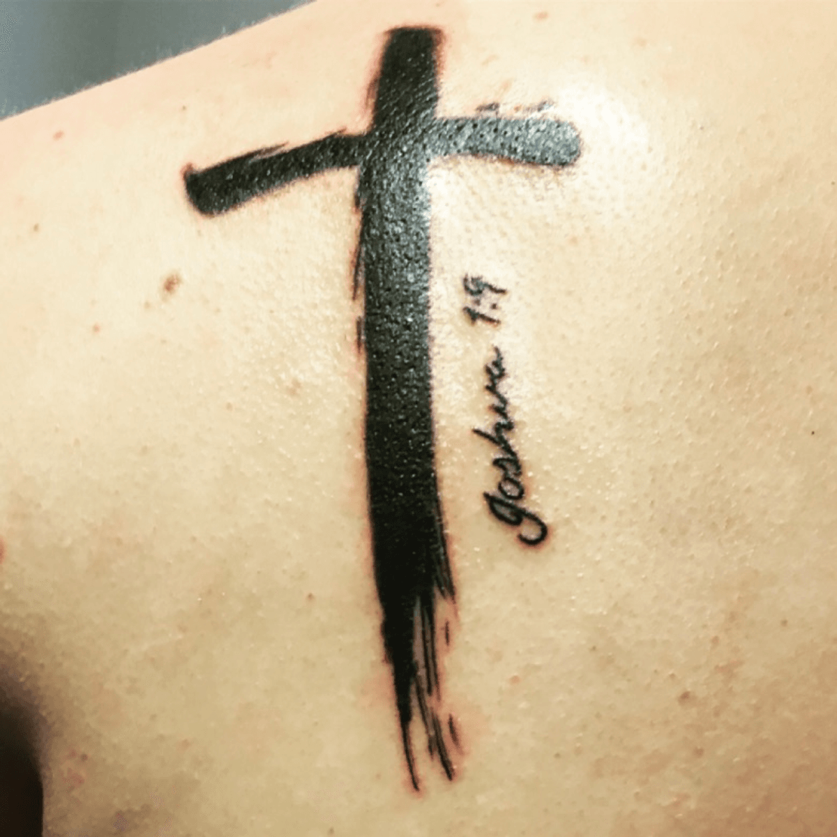 Tattoo uploaded by Blake Carraher • Cross with Joshua 1:9 on side ...