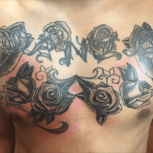 Chest rose session to cover up old 'self tattoos' #tattoo #thesphinx #eternalink #saltwatertattoosupply #pyramidartcollective #blackandgrey #rose #tattoos #tatstat #tats #tattoodo #coverup 