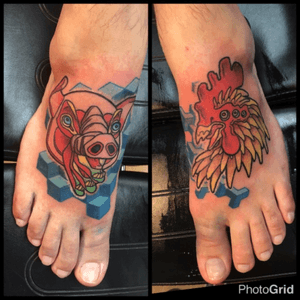 A unique take on the traditional pig and rooster tattoo in the style of AJ Fosik. 