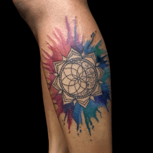 Custom ornamental sun and moon with watercolor splashes. Would love to do more like this! Email me at burke.brigid@gmail.com #customtattoo #watercolortattoo #dreamcatchertattoo #dreamcatcher#sunandmoon #sunandmoontattol #watercolor #color #colorful #nyctattoo #brooklyntattoo #brooklyntattoo #nyctattoo  #ink #tattoo 