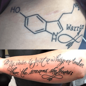 Top is my wife's tattoo and bottom is mine. Hers is the molecule for serotonin, which is the chemical that isnt produced enough in those that suffer from depression, the warrior represents fighting the battle every day and the arrow in the infity is no matter how many times you get pulled back she will forever continue on. Mine is in support of her being there and being louder than all of the thoughts the depression screams. The semicolon represents the moment in time where it could have all ended but instead she chose life. #semicolonproject #mentalhealthawareness #depression #warrior #supporter
