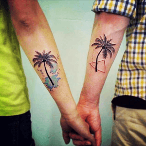 Couples tattoo...Our love for myrtle beach #couplestattoo #beach #palmtree 