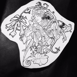 Stencil for my back piece. Alphonse mucha inspired. Taken from a piece of street art in Toronto