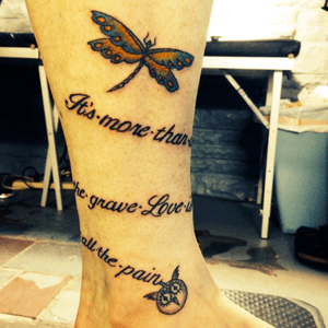 This was for my son while we were seperated but then became  about my husband who passed away a year ago. From a song by Abandon Jalopy, it says, "Its more than a season, I'll take this to the grave, love is the reason to endure all the pain..." #abandonjalopy #lovehasaway #tattooodyssey #philly #GilDamus