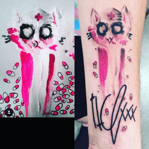 Got my care failure singture and a piece of her art tattooed #art #diemannequin #rock #signature #painting #pills #pink #punkrock #horror #leftarm 