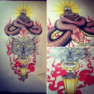 Neoclassical tattoo design. A3 size #neoclassical #traditional #tattoo #ink #colourful #snake #wolf #thirdeye #allseeingeye #illuminati #tattoos #picoftheday #lantern #smoke #fire #flame #reptile #art #artwork #sketch #sketchbook #sketching 