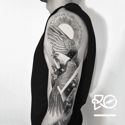 By RO. Robert Pavez • Eagle II • Studio Nice Tattoo • Stockholm - Sweden 2017 • Please! Don't copy® • #engraving #dotwork #etching #dot #linework #geometric #ro #blackwork #blackworktattoo #blackandgrey #black #tattoo 