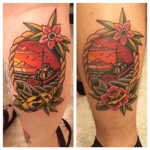 My brother and I decided to dedicate our legs to our favorite movie! . #trapinktattoosfl #jaws #nickjackson 