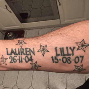 Daughters names surrounded by nautical stars, one for each lost family member/friend. #liverpool #daughterlove #Daughternametattoo #Star #thickasthieves 