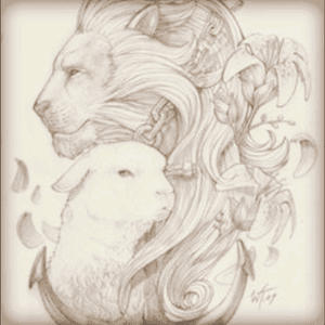 I do want the lion, but i want, instead of a lamb, a tiger. On the otherside I want a bear and a wolf, with chains and vines lightly entwining them.#megandreamtattoo