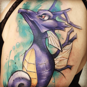 Shiny Kingdra watercolor tattoo by Jorell Elie at Outer Limits Tattoo in Long Beach #pokemon #pokemontattoo #kingdatattoo #kingdra #tattoo #watercolortattoo #watercolor #videogametattoos 