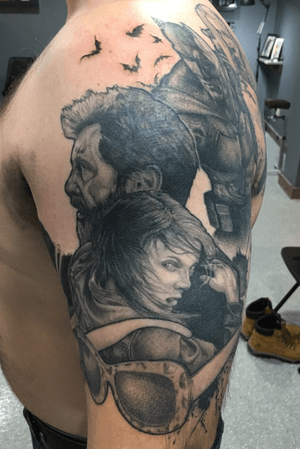 Wolverine and Laura from the movie Logan.  Realistic black and grey portrait half sleeve in progress. 