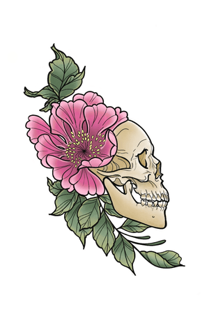 A neotraditional skull and flower in muted colors #neotraditionaltattoo #neotraditional #skulltattoo #flowers #flashart 