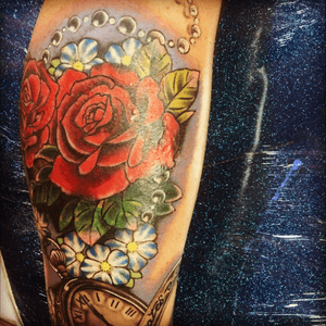 Awaiting the Doves, sun rays and stars. #roses #colour #sleeve #coverup #forgetmenots #pocketwatch #Pearls #beads #iloveit #eastcoastinks #stevecook #dreamtattoo 