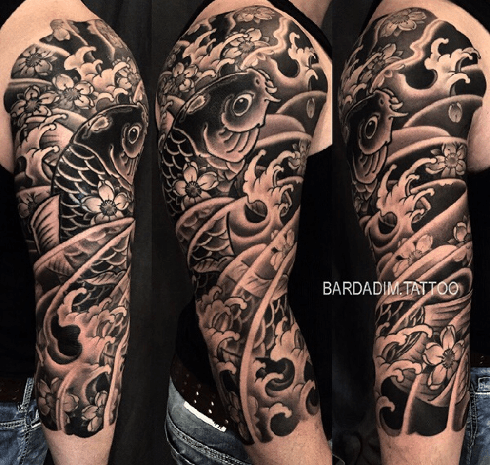 Koi Fish Tattoo On Man Right Half Sleeve And Chest