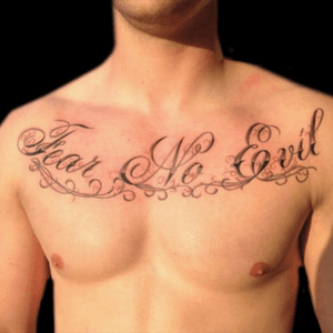 Tattoo by PeeWee Sinerco. #peewee #peeweesinerco #sinerco #westbury #tat #tats #tatts #tatted #tattoo #tattoos #tattedup #tattoist #tattooed #tattoooftheday #usa #ink #inked #inkedup #ink #tattoooftheday #art #amazingink #longisland #larktattoo #larktattoos #larktattoowestbury #bodyart #blackandgraytattoo #lettering #letteringtattoo #fancylettering #script #scripttattoo #scripttattoos #blackandgreytattoo #bnginksociety #bng #bngsociety #bngtattoo #bngtattoosociety #bngtattoos #letteringtattoos #letteringartist #LetteringArtists #letteringinspiration #chestpiece #chesttattoo #chest #chestlettering #fearnoevil