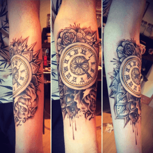Some mandala and roses added to my pocket watch tattoo #pocketwatch #sleeve #roses #mandala #clock #forearm 