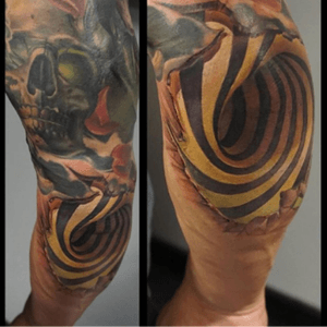 #threequarter #sleeve #elbow #3DTattoo #color #skull #stripes by #AnneFranke007 @anne_franke007 