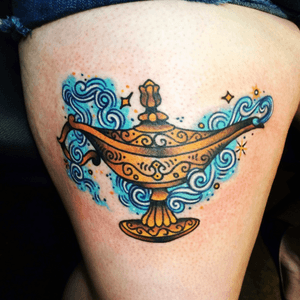 My Robin Williams tribute tattoo done in 2014 by Jon Larson at Depot Town Tattoo in Ypsilanti, Michigan. #genie #magiclamp #Aladdin #Jasmine 