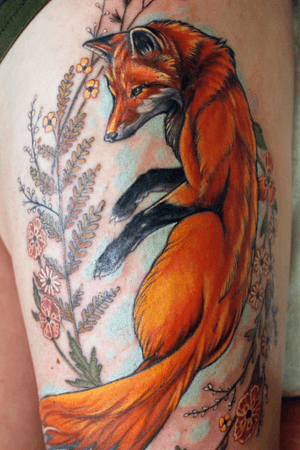 Custom #realistic #fox and #fern tattoo by Sean Ambrose at Arrows and Embers Tattoo. Thanks for looking!
