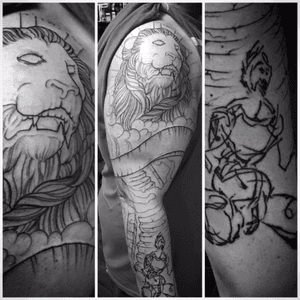 Just got this done yesterday. Frist session on a full sleeve. Shading to follow in 2 weeks. My brither Joe Hawks in Tampa, FL hooked it up. It also features a sketch from one of my favorite artists (Derek Hess). The lion will be a statue... all black and grey with some spots of red that will be around the character. #tattoo #fullsleeve #blackandgrey #JoeHawks #DerekHess 