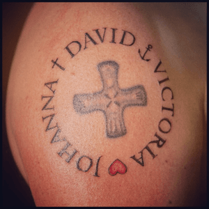 The fourth tattoo that I have done - but the first time with letters, lines ... and red color! The cross in the middle is an old one and not my work - but I did give it a few dots to freshen it up a bit! :) #letters #FaithHopeLove #monoink